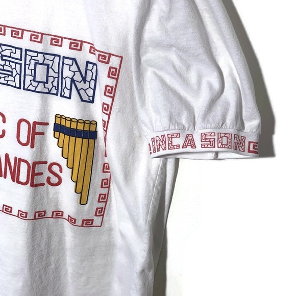 Vintage White Ringer Tee, Music of the Andes Shirt, Peru, M/L - Picture 5 of 9